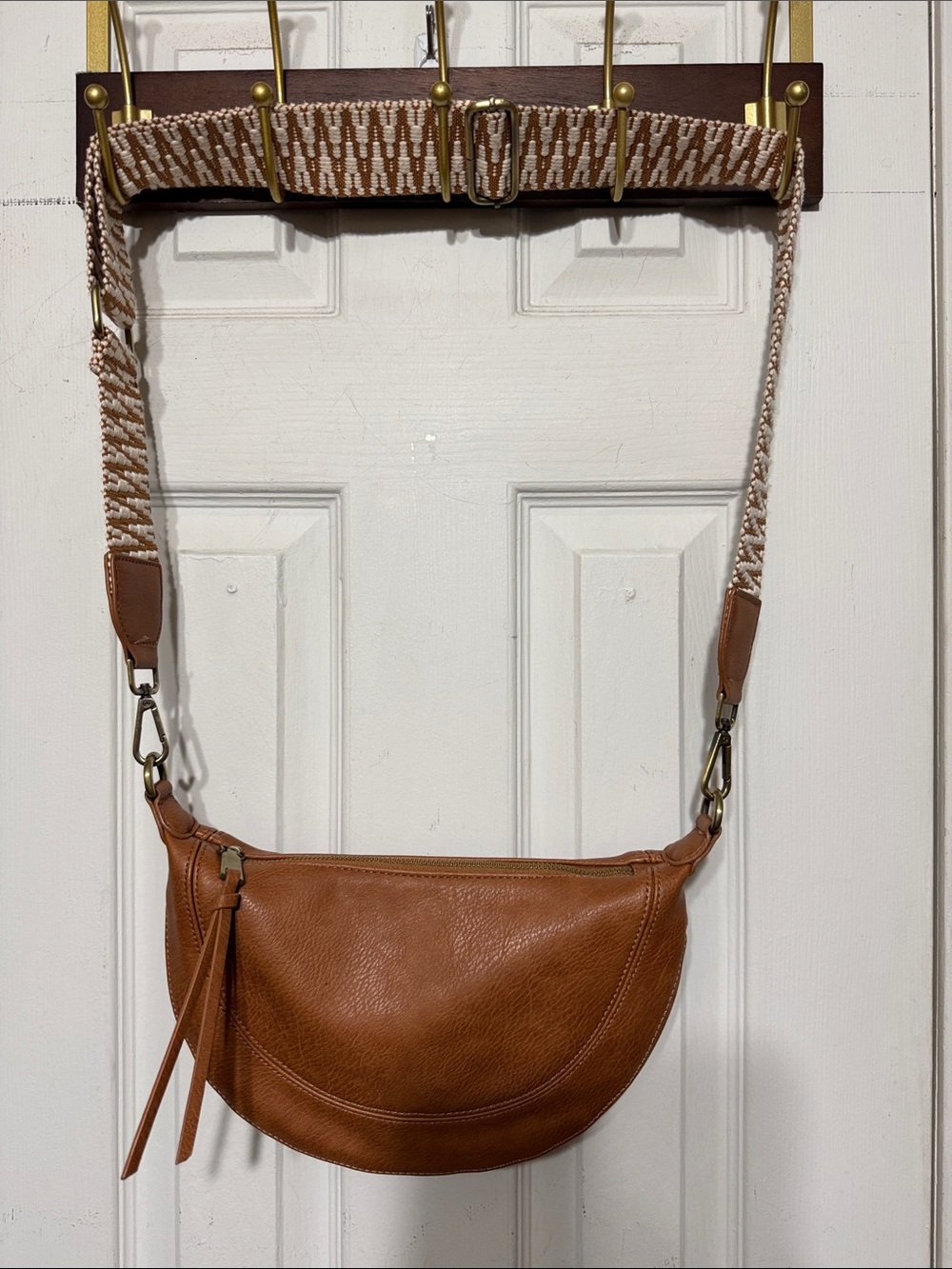 Anthropologie Urban Originals Tan Leather Crescent Crossbody with Woven Strap